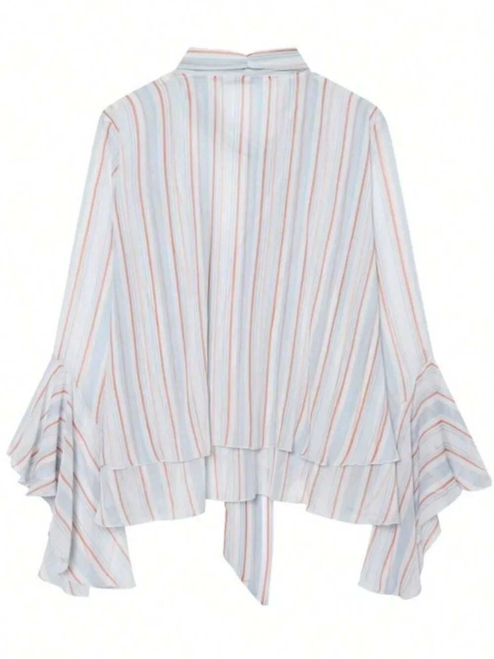 Women's Striped Chiffon Blouse V-Neck Ruffle Sleeve Necktie